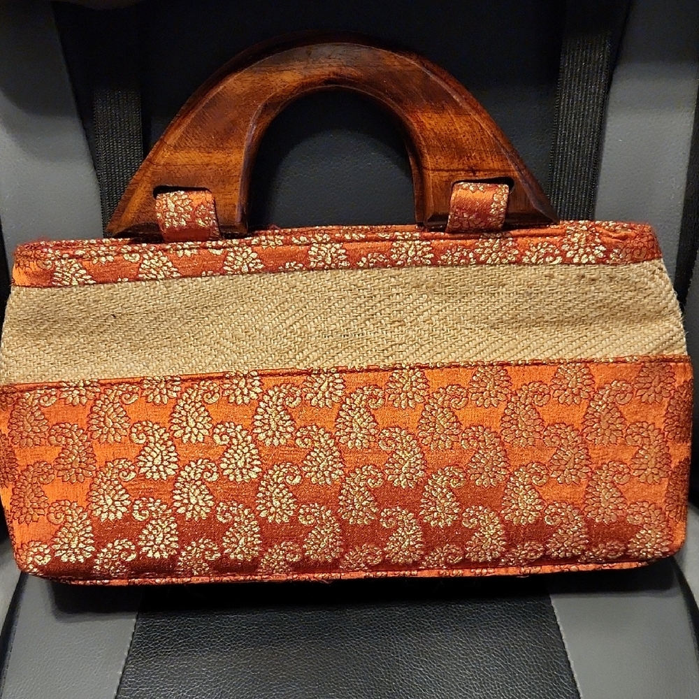 Elegant Vintage Deep Orange and Gold Women's Handbag With Wooden Handles.